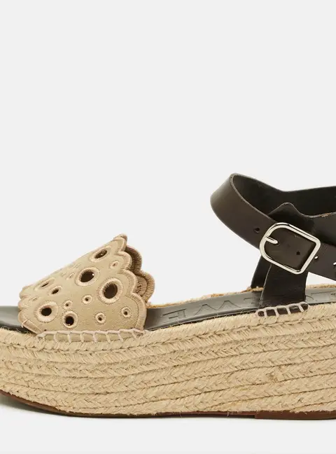 Loewe Size 38 Beige/Brown Leather and Suede Wedge Espadrille Sandals