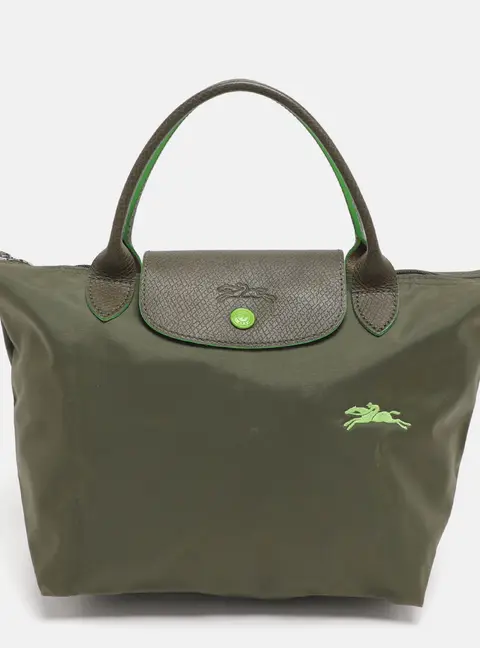 Longchamp Green Nylon and Leather Small Short Le Pliage Tote