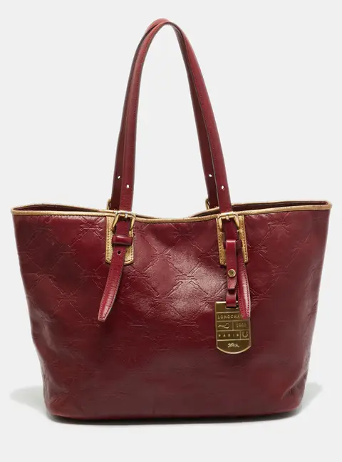 Longchamp LM Cuir Burgundy/Gold Logo Embossed Leather Tote