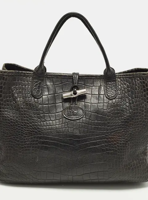 Longchamp Roseau Black Croc Embossed Leather Tote