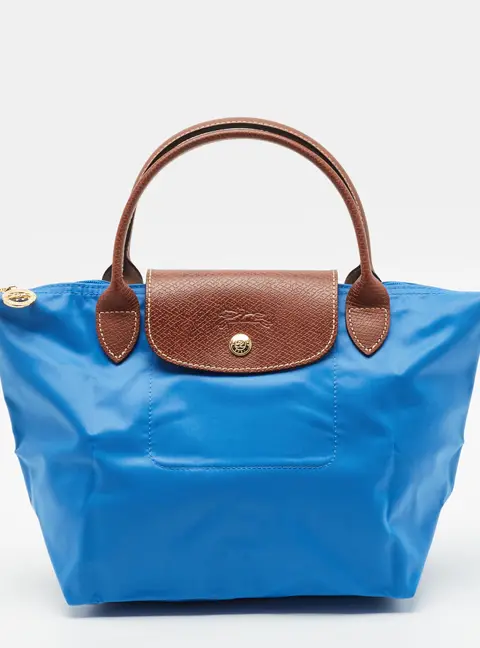 Longchamp Le Pliage Small Blue/Brown Nylon and Leather Tote