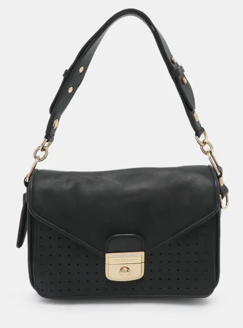 Longchamp Mademoiselle Black Perforated Leather Top Handle Bag