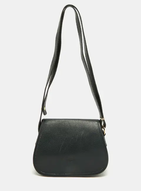 Longchamp Black Leather Flap Crossbody Bag