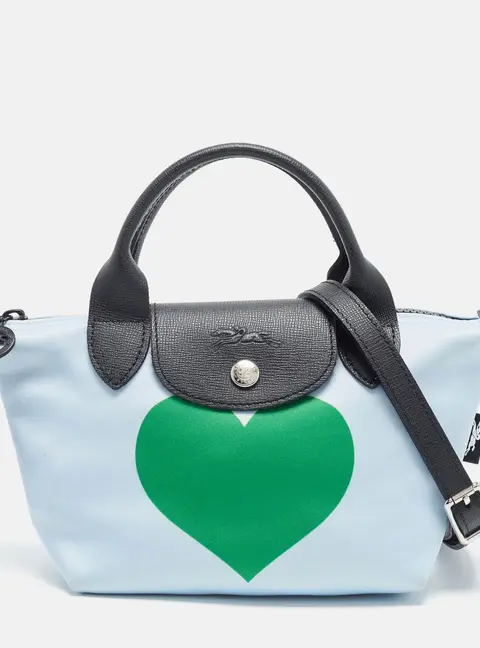 Longchamp Le Pliage XS Light Blue Heart Print Satin Tote