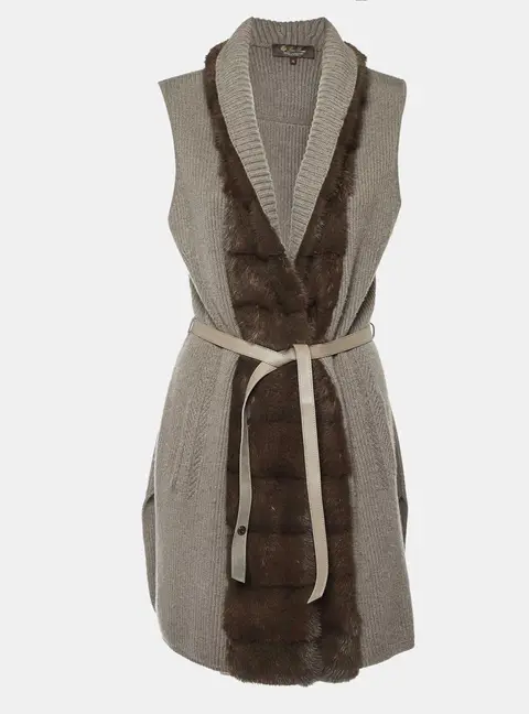 Loro Piana Grey Cashmere Knit Mink Fur Trim Belted Cardigan M