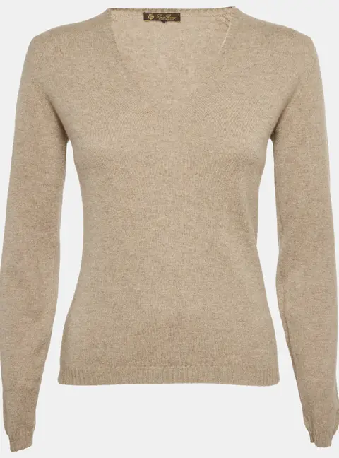 Loro Piana Beige Cashmere Knit V-Neck Sweater S