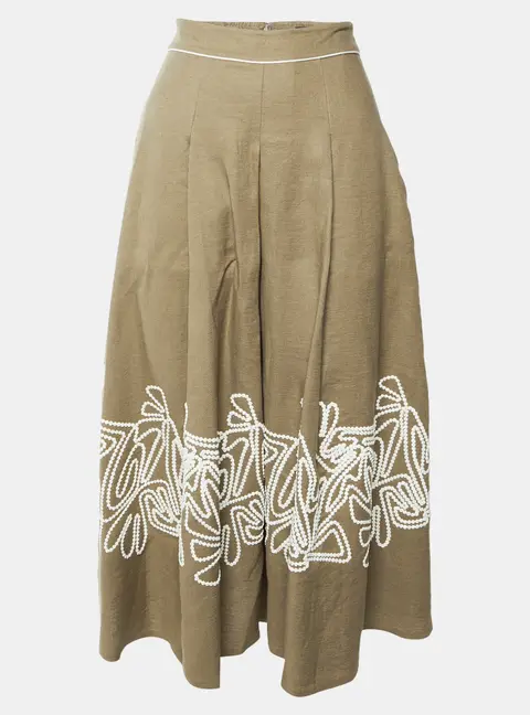 Loro Piana Khaki Brown Linen Embroidered Midi Skirt S