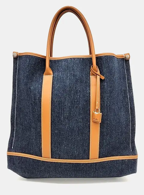 Loro Piana Beam Tote Denim Blue Cotton Canvas And Brown Leather Tote Bag