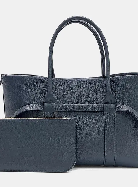 Loro Piana Giera Small Shopper Blue Grained Calfskin Leather Tote Bag