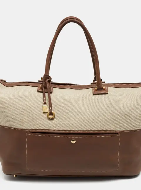 Loro Piana Beige/Brown Canvas and Leather Duffel Bag