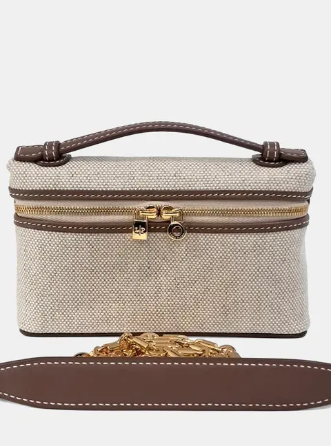 Loro Piana Extra Pocket Mini Pouch Beige Canvas Brown Leather Top Handle Bag