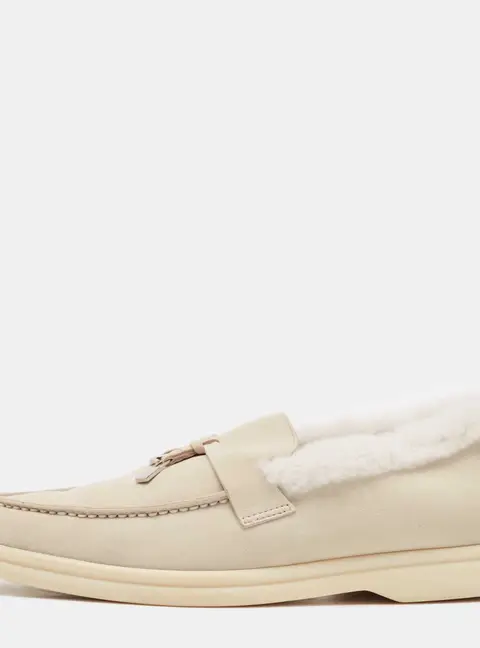 Loro Piana Grey Shearling Fur and Suede Summer Charms Walk Loafers Size 36