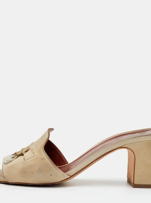 Loro Piana Summer Charms Size 39.5 Taupe Beige Suede Block Heel Slide Sandals