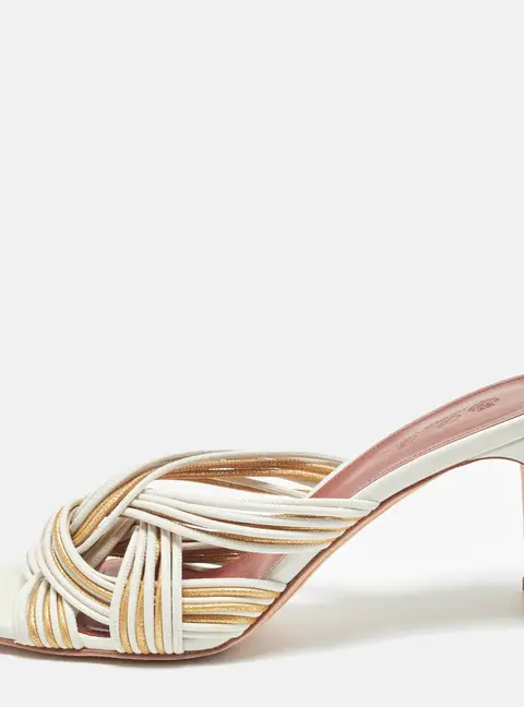 Loro Piana Size 40.5 White/Gold Leather Strappy Slide Sandals
