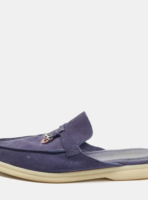 Loro Piana Babouche Charms Walk Size 37 Navy Blue Suede Flat Mules