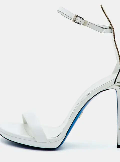 Loriblu Size 38.5 White Leather Leaf Crystal Embellished Ankle Strap Sandals
