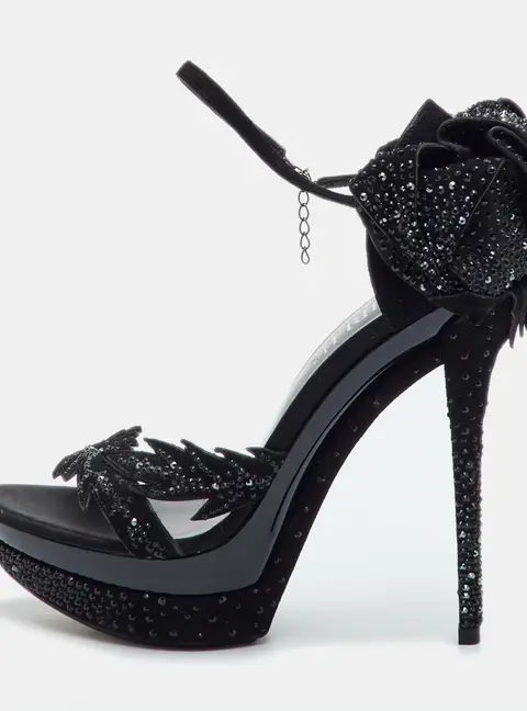 Loriblu Size 38 Black Suede Platform Crystal Embellished Ankle Strap Sandals
