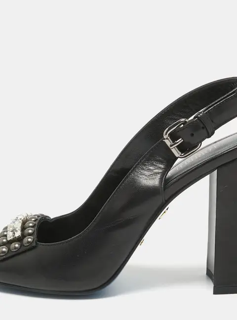 Loriblu Black Leather Crystal Embellished Peep Toe Slingback Pumps Size 40