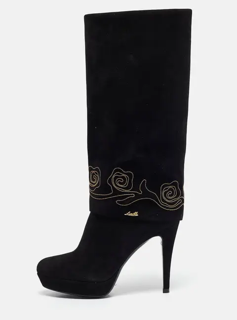 Loriblu Black Suede Cuff Embroidered Knee Length Boots Size 37.5