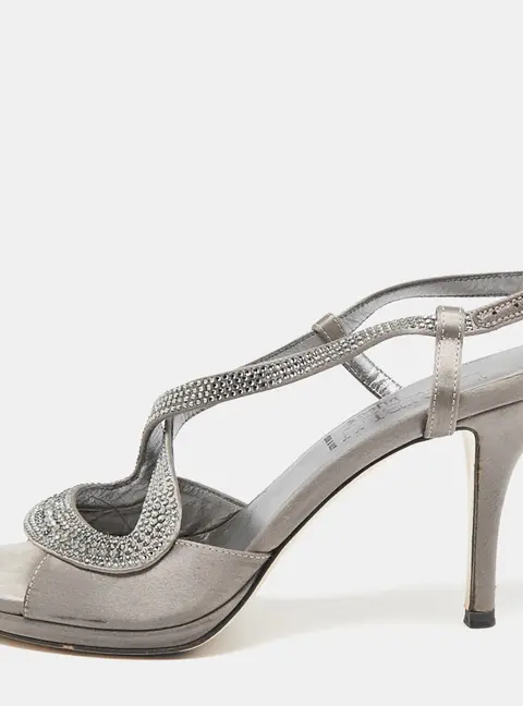 Loriblu Grey Satin Crystal Embellished Ankle Strap Sandals Size 36