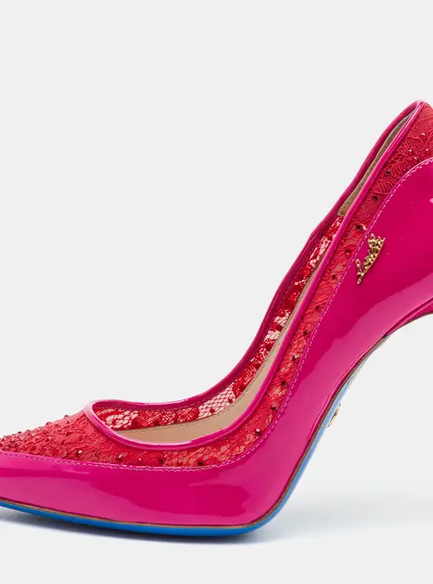 Loriblu Size 37 Bright Pink Lace and Patent Leather Pointed Toe Pumps