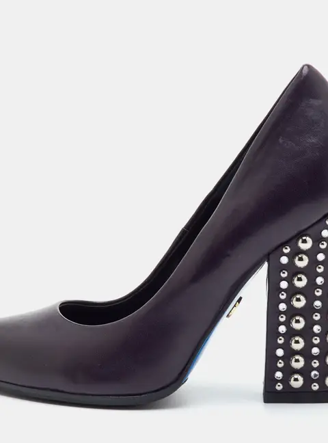 Loriblu Size 35.5 Dark Purple Leather Crystal Studded Block Heel Pumps