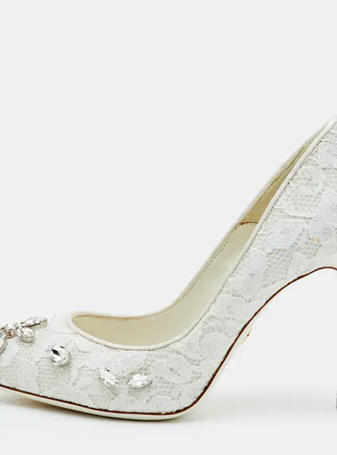 Loriblu Size 37 White Lace and Satin Pointed Toe Crystal Embellished Pumps
