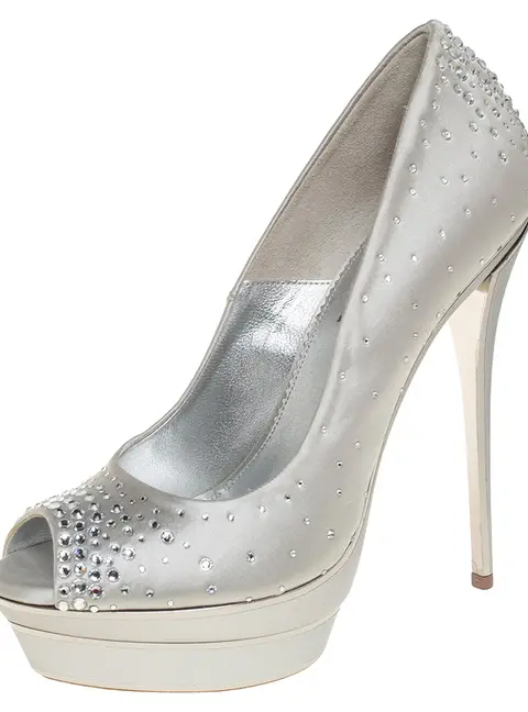 Loriblu Silver Satin Crystal Embellished Peep Toe Platform Pumps Size 38