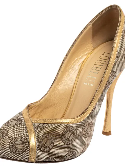 Loriblu Beige Canvas Monogram Peep Toe Pumps Size 38