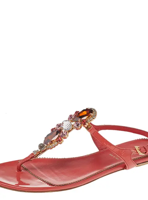 Loriblu Orange Patent Leather Crystal Embellished Ankle Strap Flat Sandals Size 40