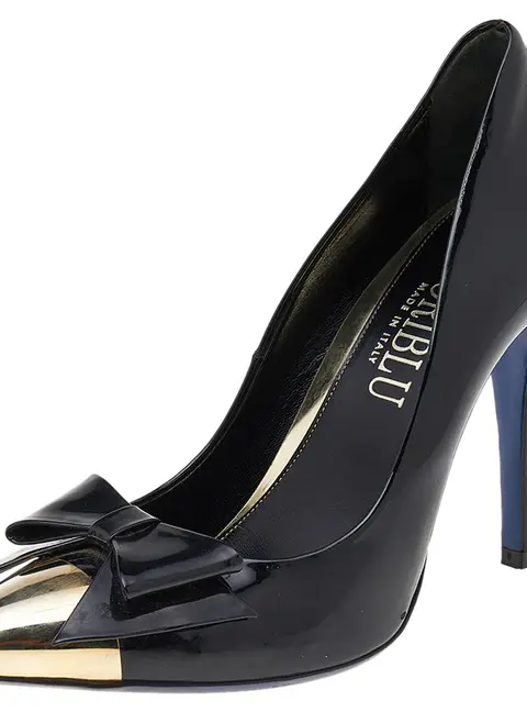 Loriblu Black Patent Leather Pointed Metal Cap Toe Pumps Size 37