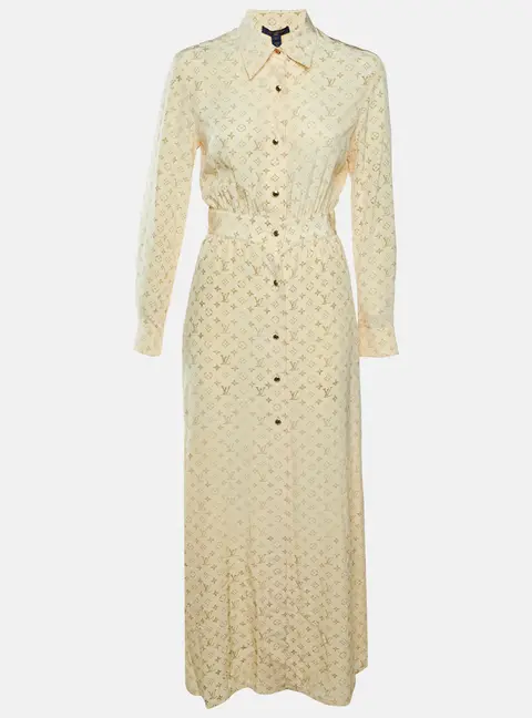 Louis Vuitton Butter Yellow Washed Monogram Silk Crepe Shirt Dress S