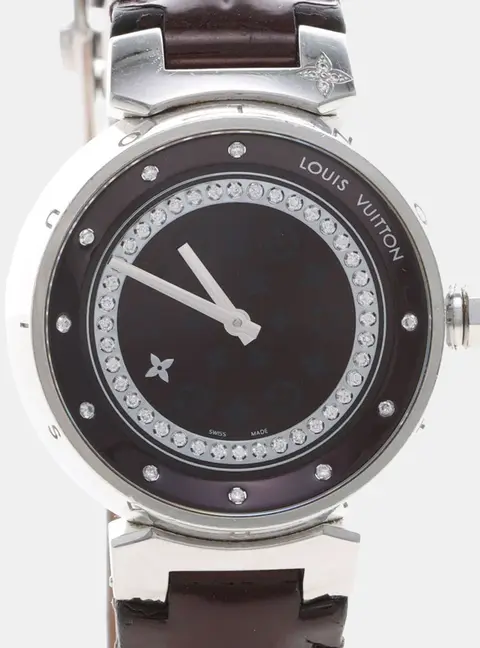 Louis Vuitton Tambour Q1319 Quartz Brown Diamonds Stainless Steel Women's Wristwatch 28mm