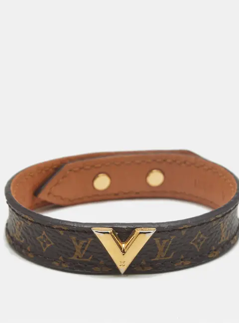 Louis Vuitton Essential V Brown Monogram Canvas Gold Tone Bracelet 17