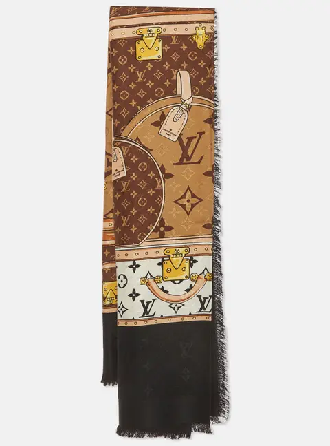 Louis Vuitton Brown Trunk Print Lets Go Silk Square Scarf