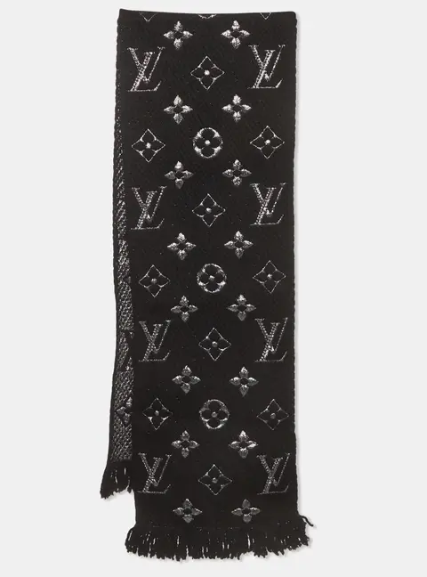 Louis Vuitton Black/Silver Wool & Silk Logomania Shine Scarf
