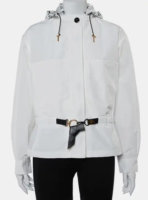 Louis Vuitton White Synthetic Logo Printed Hood Detail Belted Parka Jacket M