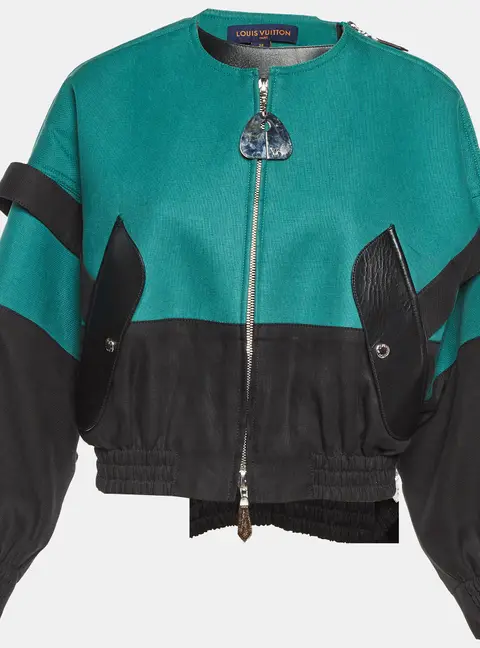 Louis Vuitton Green Linen Leather Trim Bomber Jacket S