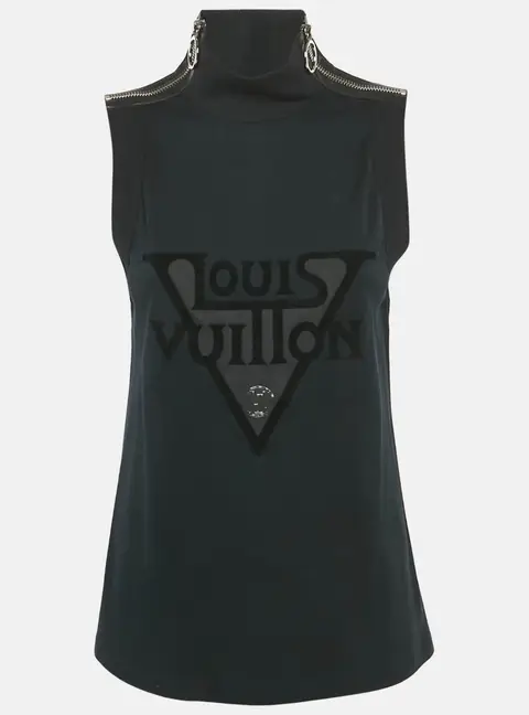 Louis Vuitton Black Logo Print Cotton Zip Detail Sleeveless T-Shirt L