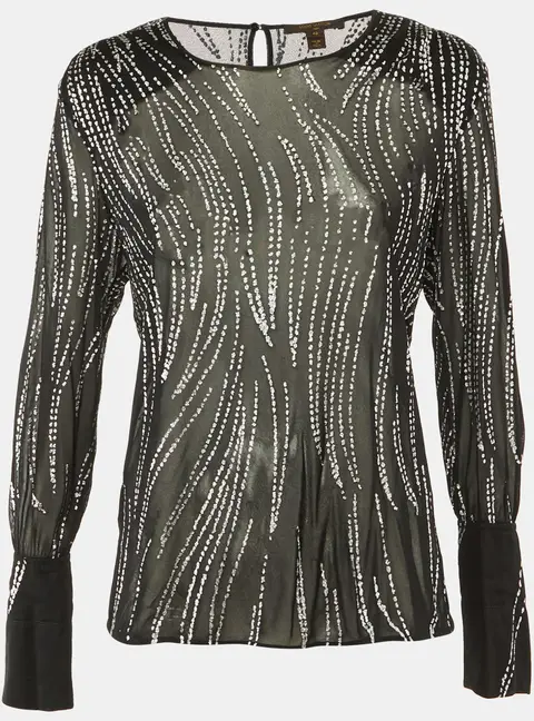 Louis Vuitton Black Glitter Print Mesh Sheer Top L