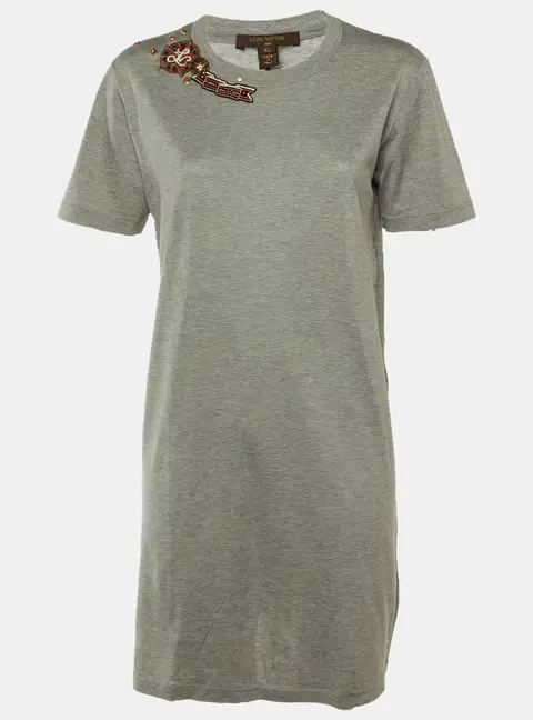 Louis Vuitton Grey Logo Patch Embellished Detail Cotton T-Shirt XL