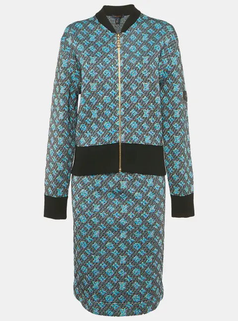 Louis Vuitton Blue Monogram Wool & Silk Bomber Jacket & Skirt M