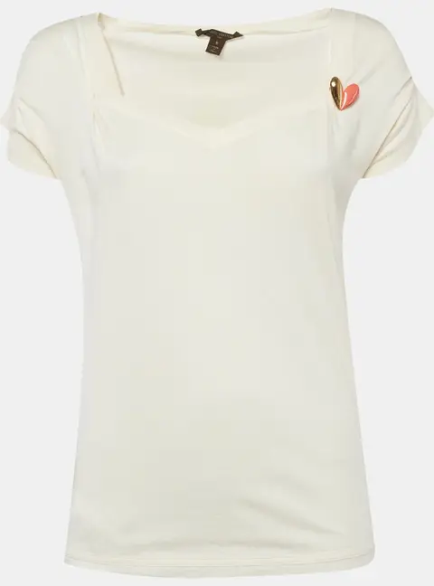 Louis Vuitton Cream Jersey Heart Brooch T-Shirt S