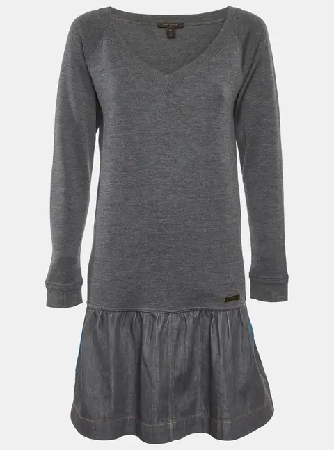 Louis Vuitton Grey Wool Knit and Cotton Pleated Short Dress M