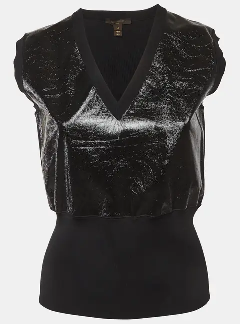 Louis Vuitton Black Stretch Knit & Leather Randa Salloum Top M