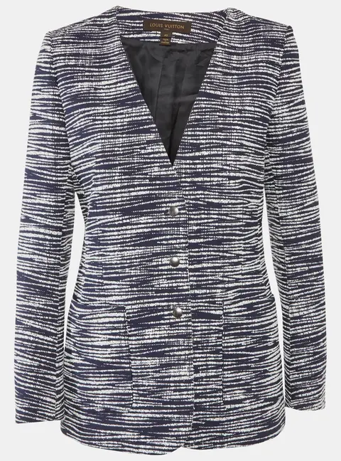 Louis Vuitton Navy Blue/White Tweed Button Front Jacket L