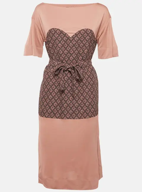 Louis Vuitton Pink/Navy Blue Pattern Belted Midi Dress S