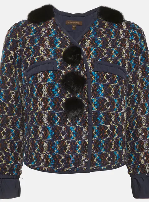 Louis Vuitton Navy Blue Mink Fur Trim Tweed Jacket M