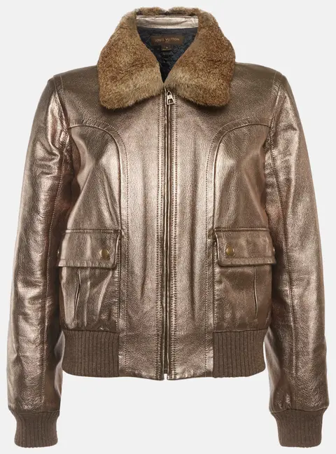 Louis Vuitton Gold Metallic Leather and Fur Collar Aviator Jacket M