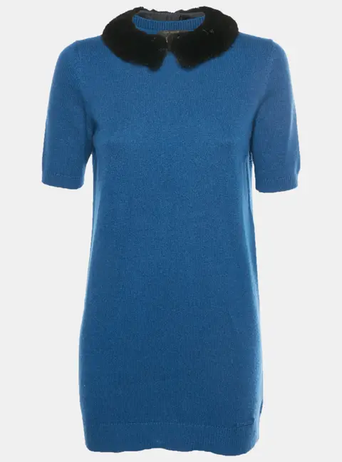 Louis Vuitton Blue Cashmere Knit Mink Collared Dress XS